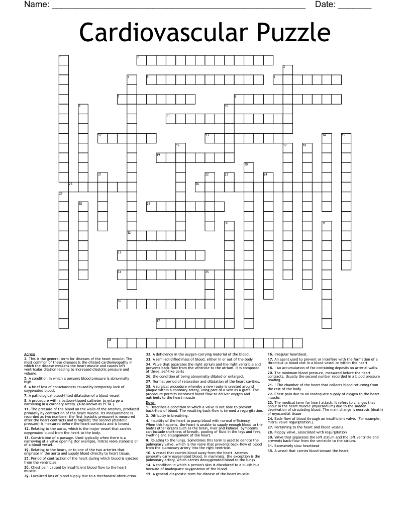 Cardiovascular Puzzle Crossword