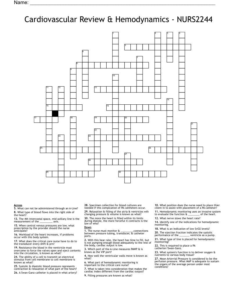 Cardiovascular Review & Hemodynamics - NURS2244 Crossword