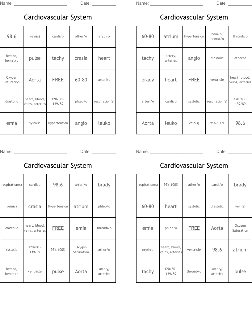 Cardiovascular System Bingo Cards
