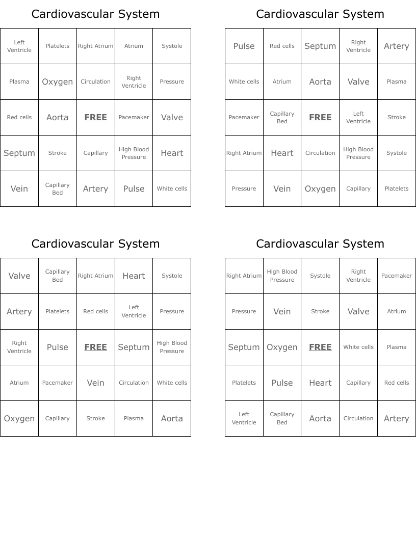 Cardiovascular System Bingo Cards