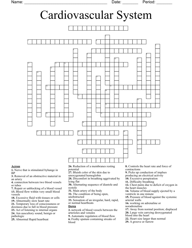 Cardiovascular System Crossword