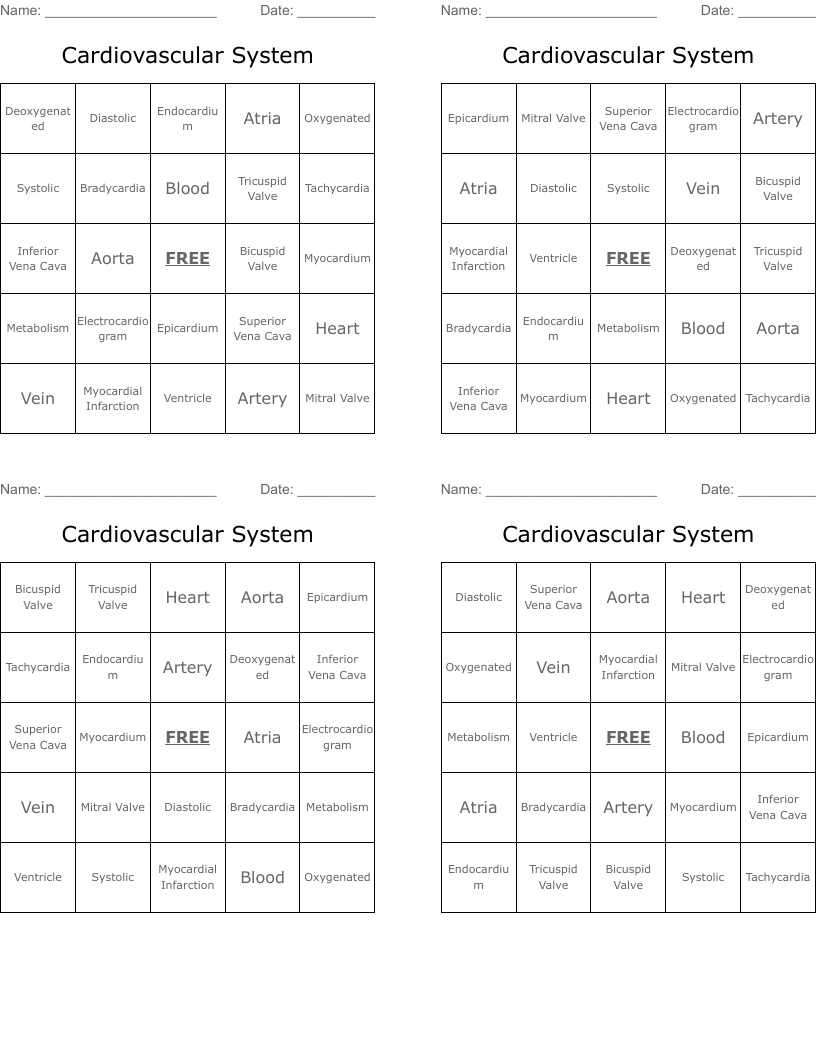 Cardiovascular System Bingo Cards