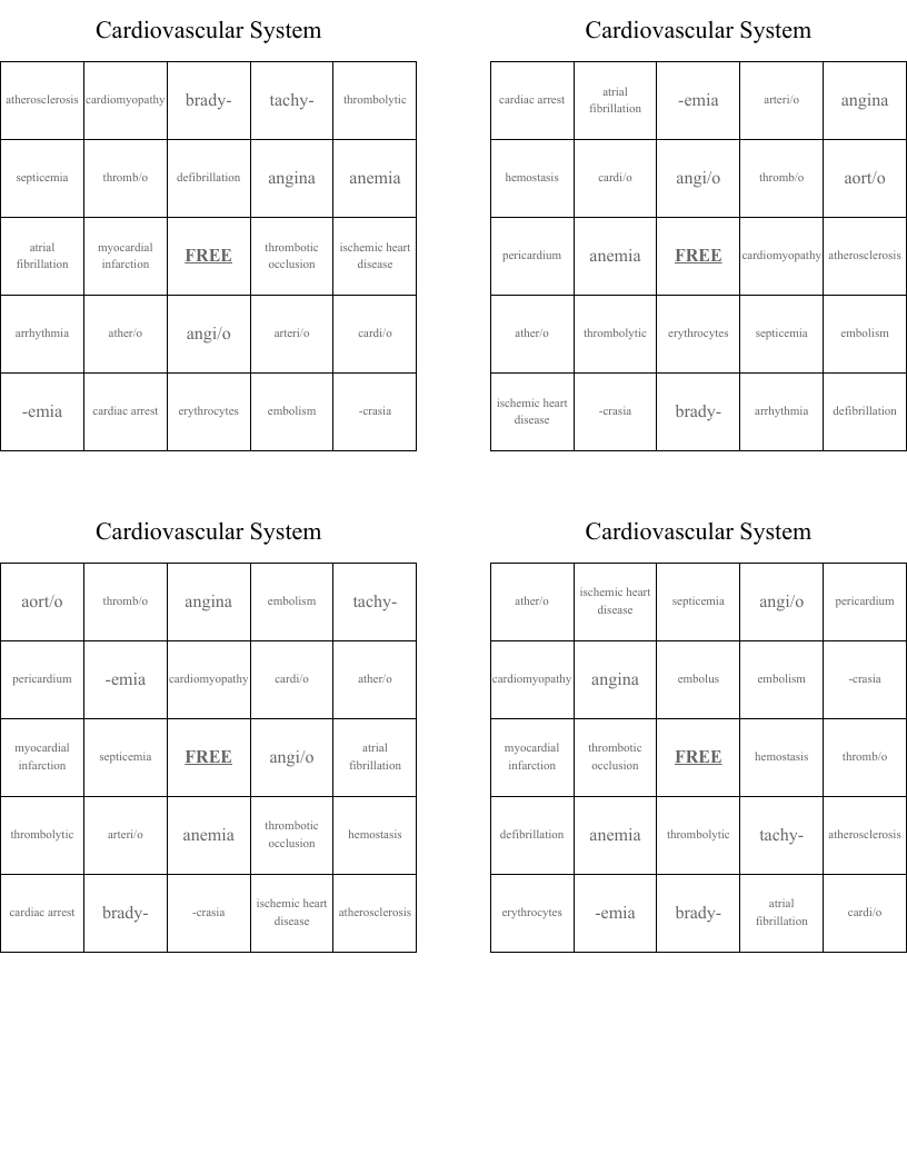 Cardiovascular System Bingo Cards