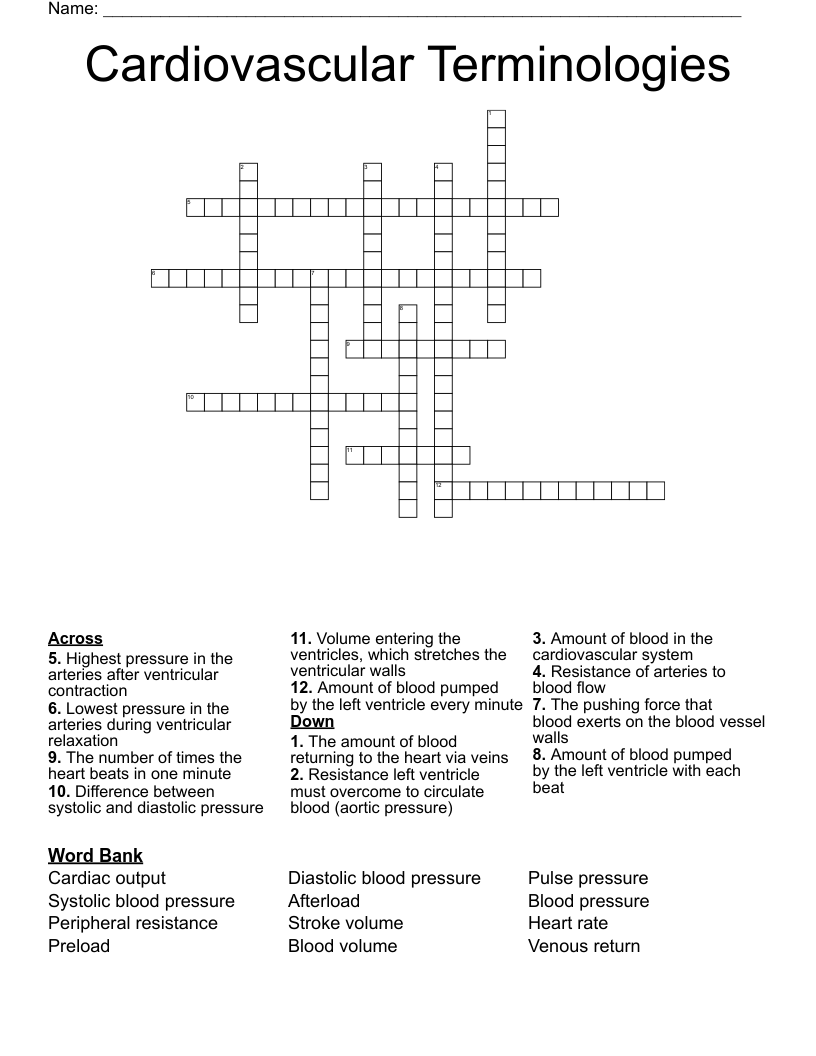 Cardiovascular Terminologies Crossword