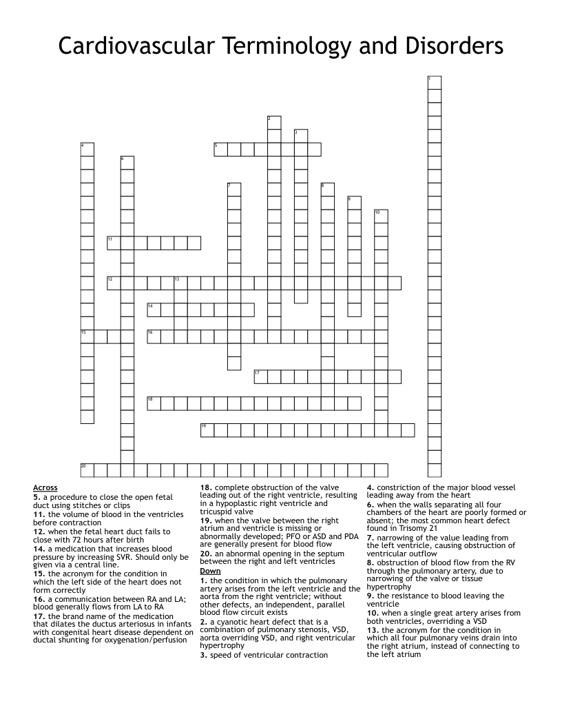 Cardiovascular Terminology and Disorders Crossword