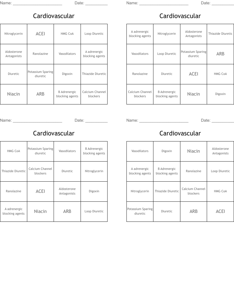 Cardiovascular  Bingo Cards