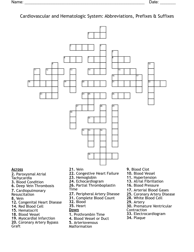 Cardiovascular and Hematologic System: Abbreviations, Prefixes & Suffixes Crossword