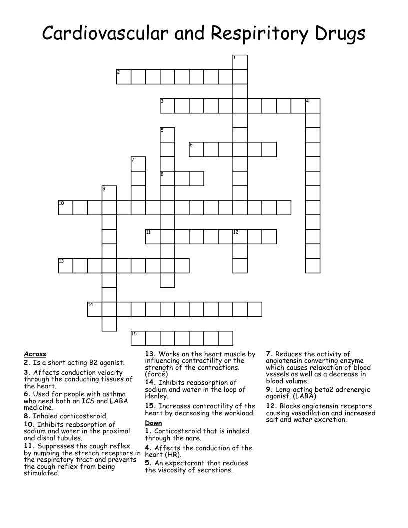 Cardiovascular and Respiritory Drugs Crossword