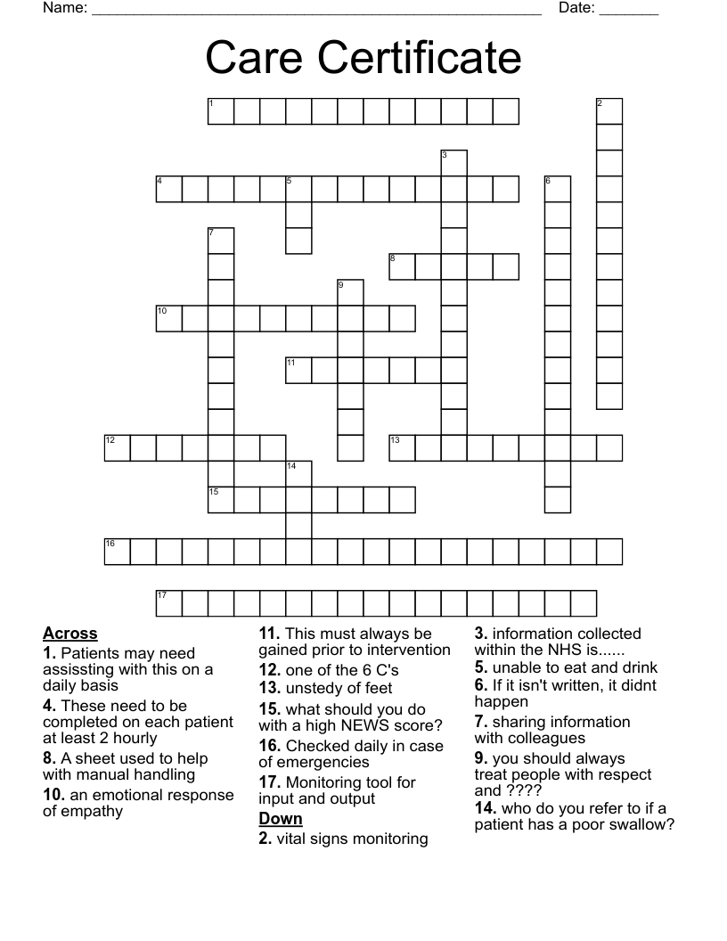 Care Certificate Crossword