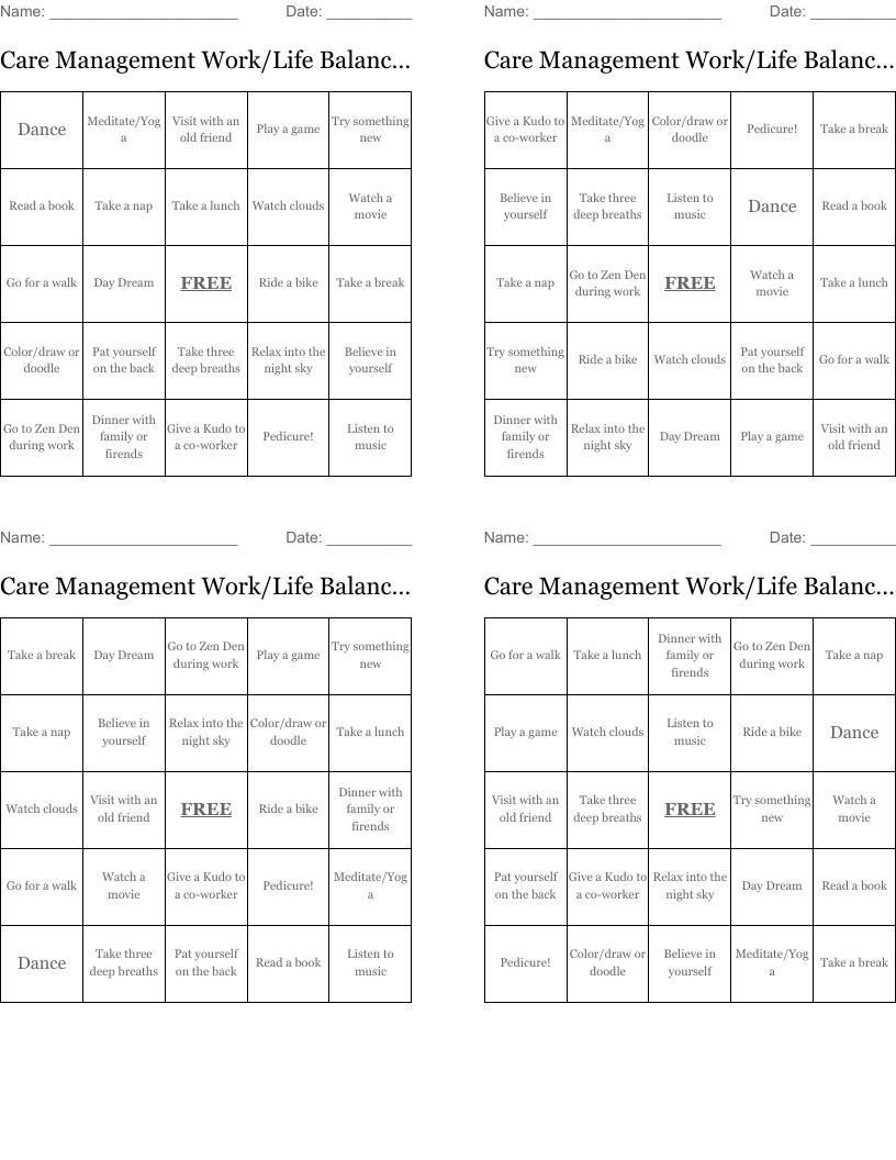 Care Management Work/Life Balance Bingo