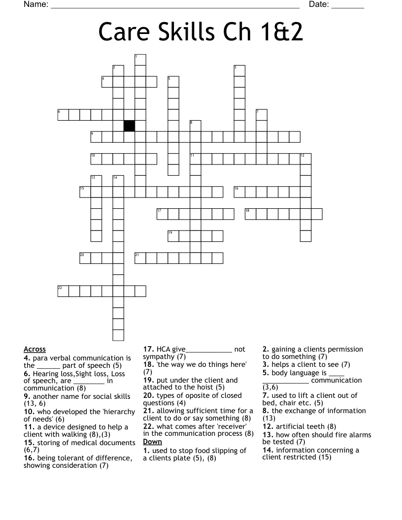 Care Skills Ch 1&2 Crossword
