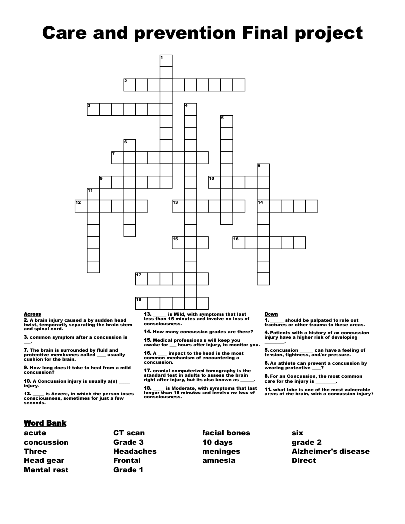 Care and prevention Final project Crossword