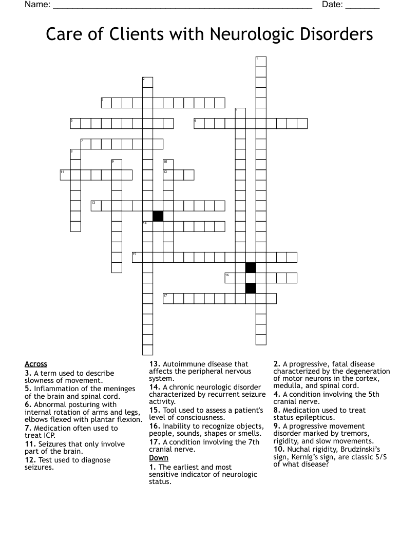 Care of  Clients with Neurologic Disorders Crossword