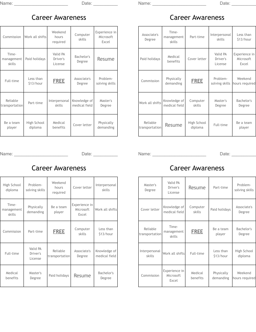 Career Awareness Bingo Cards