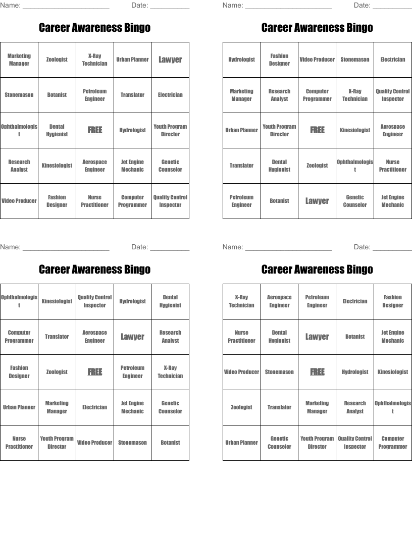 Career Awareness Bingo