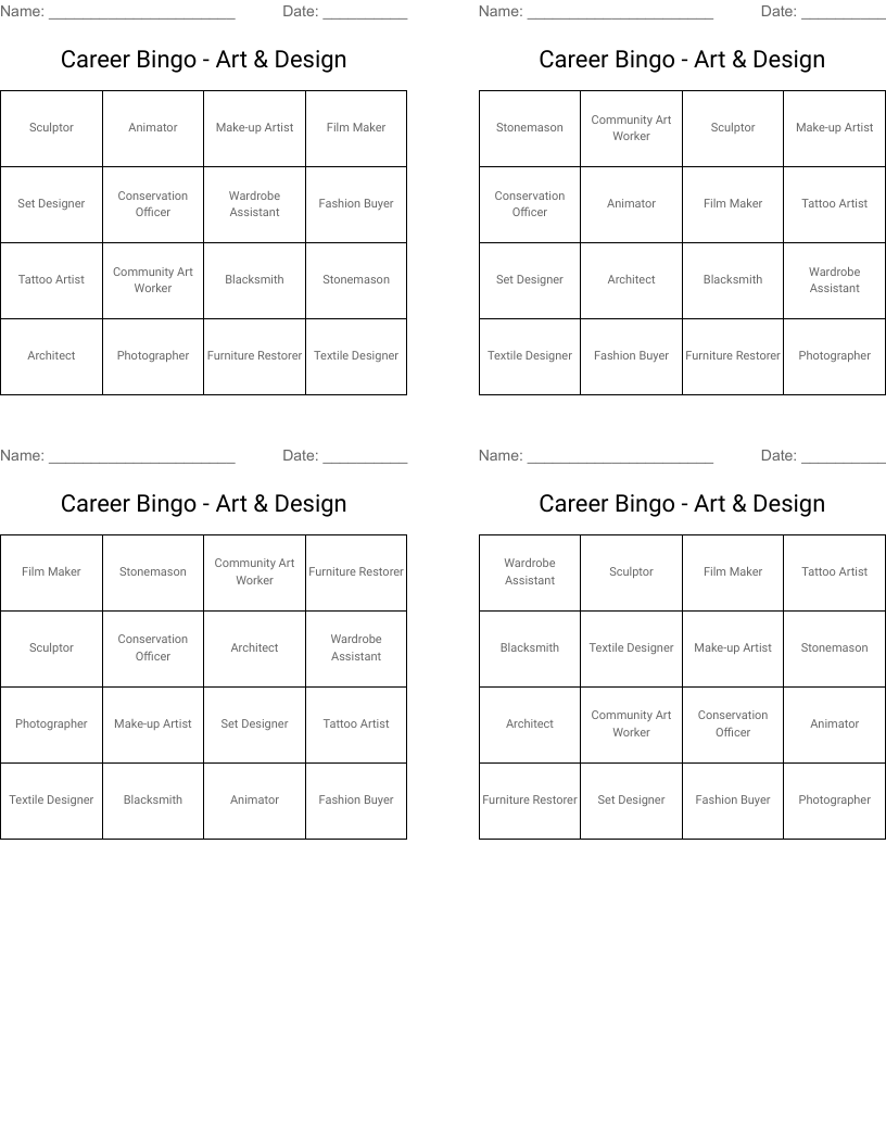 Career Bingo - Art & Design