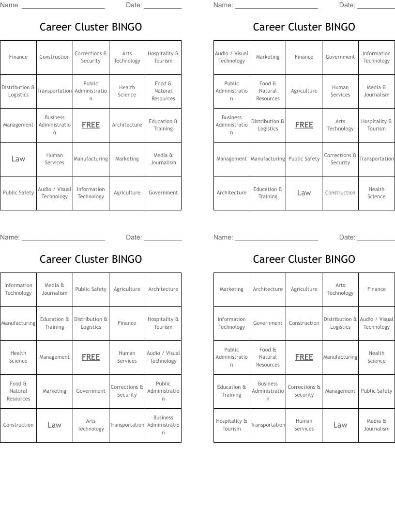 Career Cluster BINGO