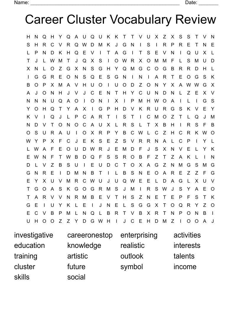 Career Cluster Vocabulary Review Word Search