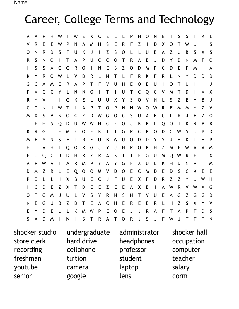 Career, College Terms and Technology Word Search