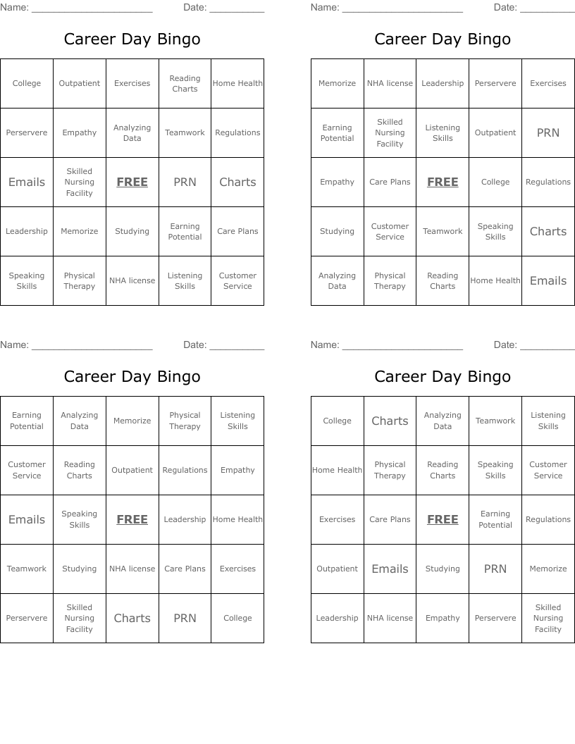 Career Day Bingo