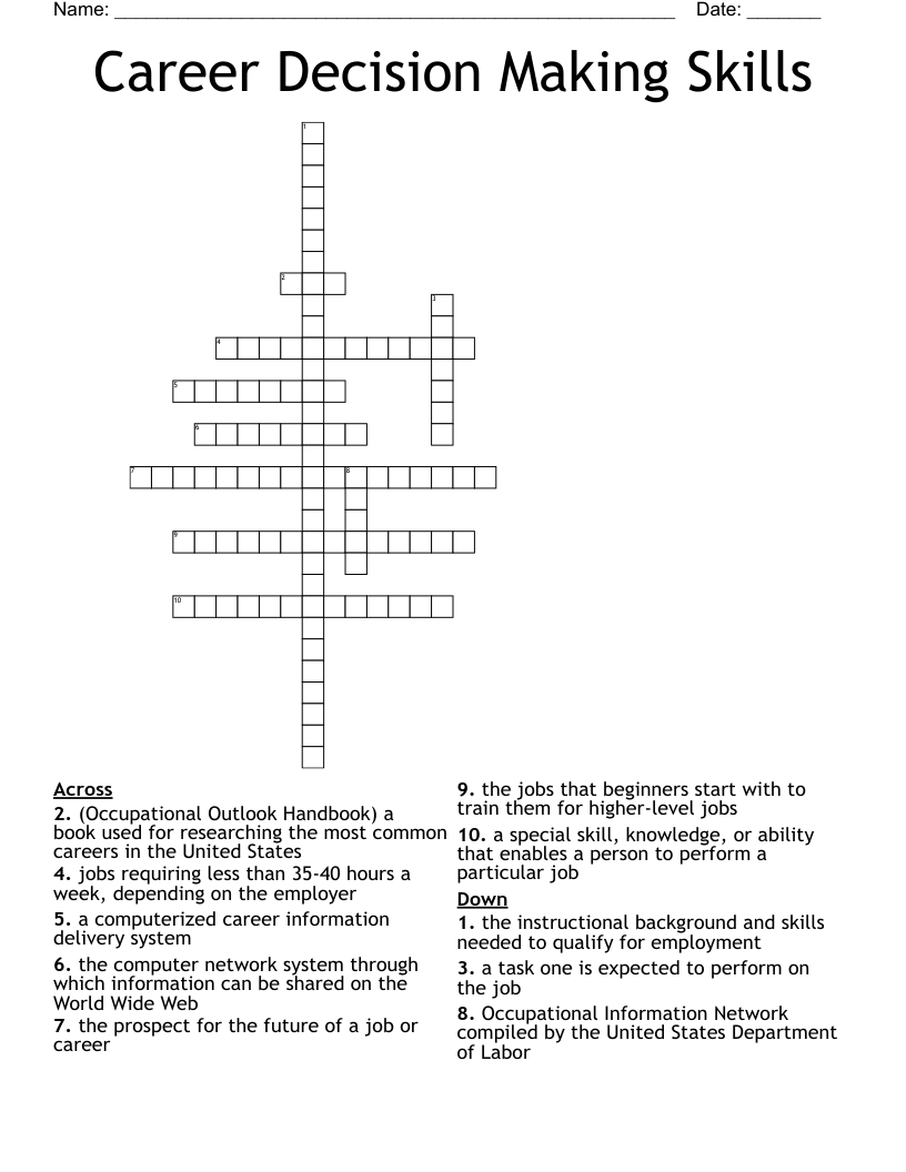 Career Decision Making Skills Crossword