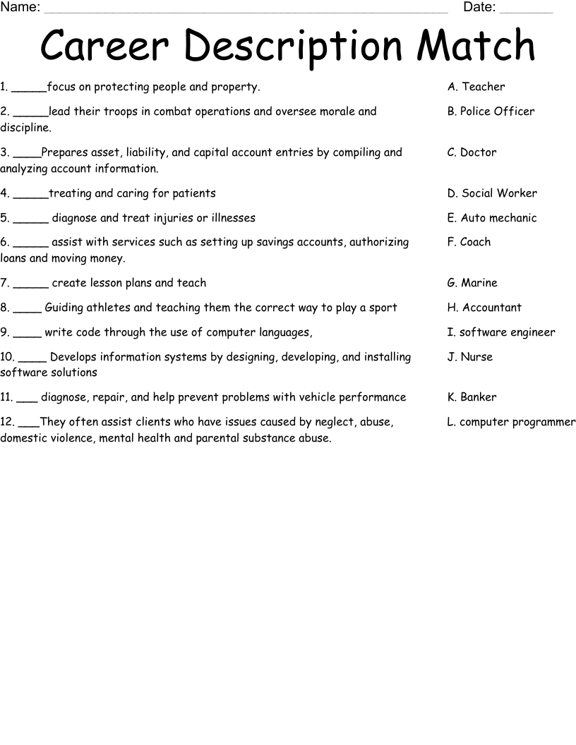 Career Description Match Worksheet