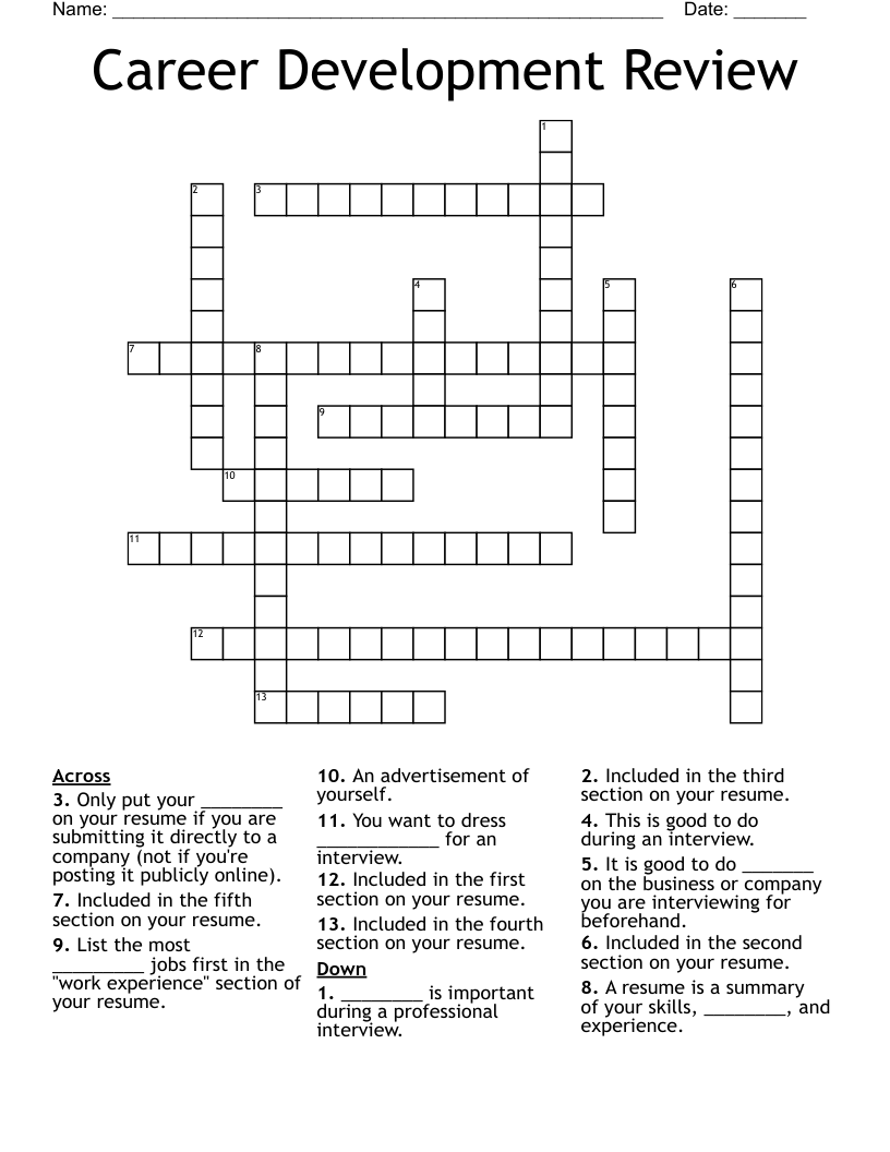 Career Development Review Crossword