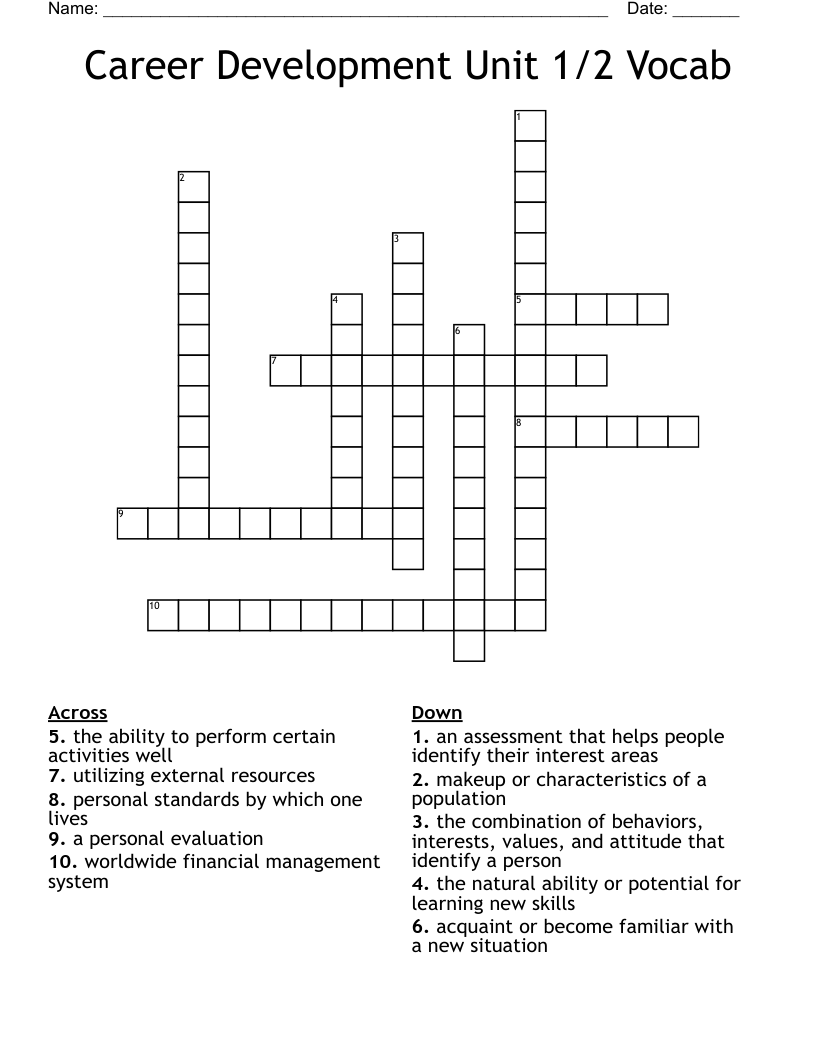 Career Development Unit 1/2 Vocab Crossword
