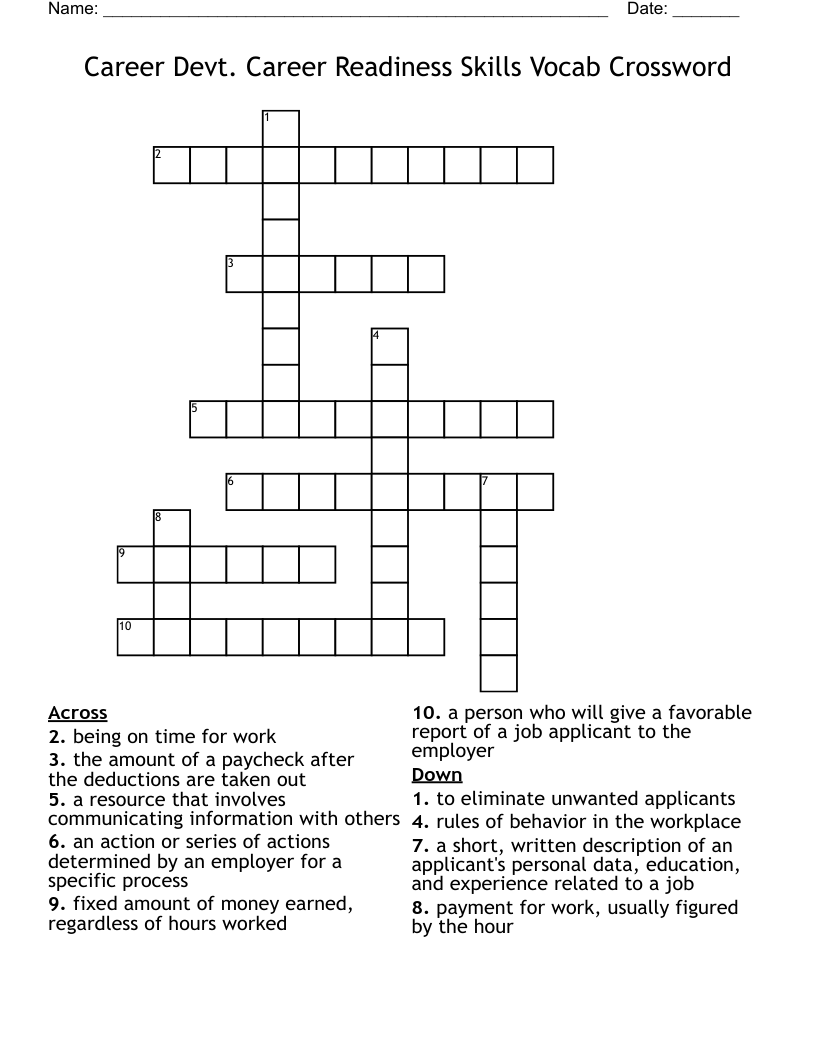 Career Devt. Career Readiness Skills Vocab Crossword
