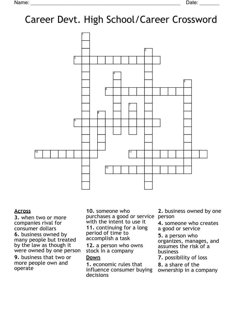 Career Devt. High School/Career Crossword