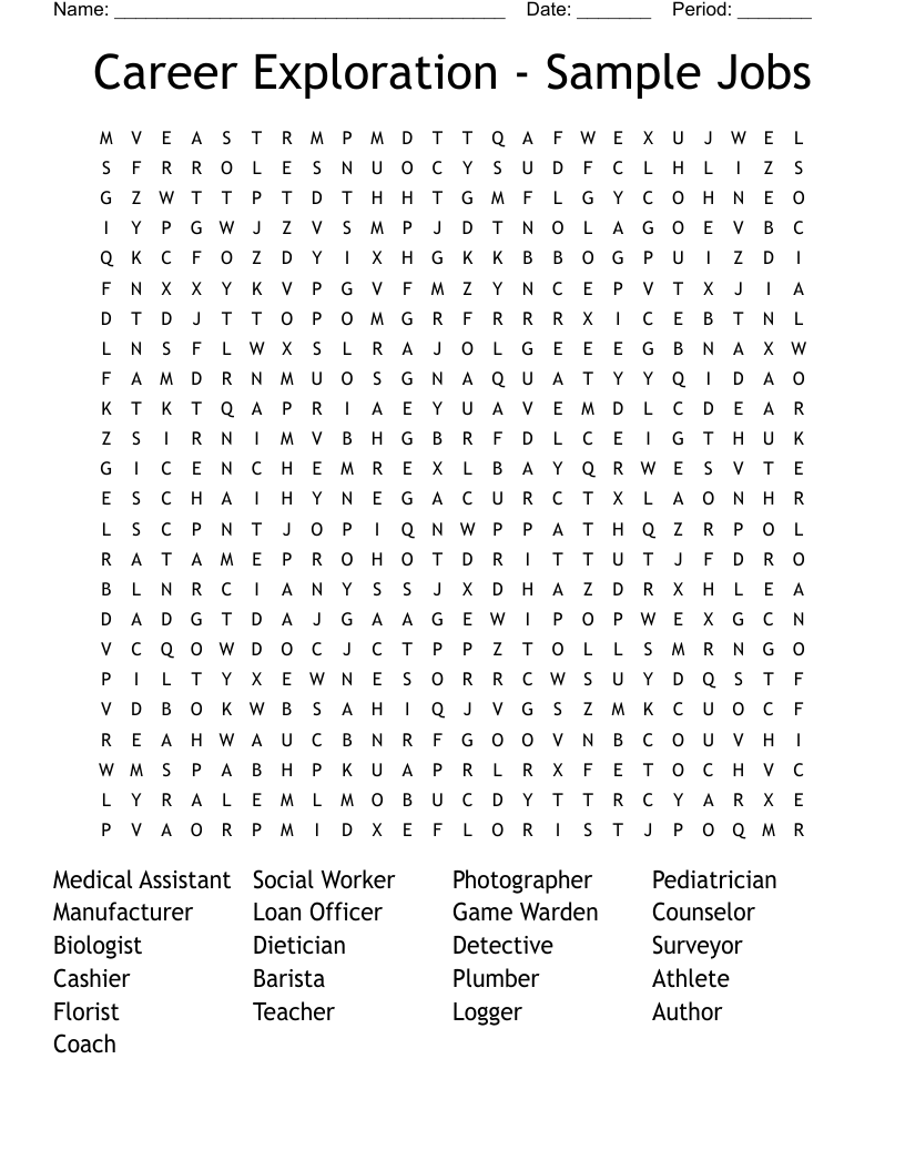 Career Exploration - Sample Jobs Word Search