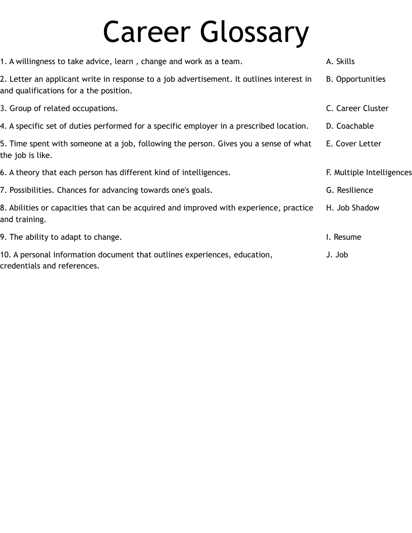 Career Glossary  Worksheet