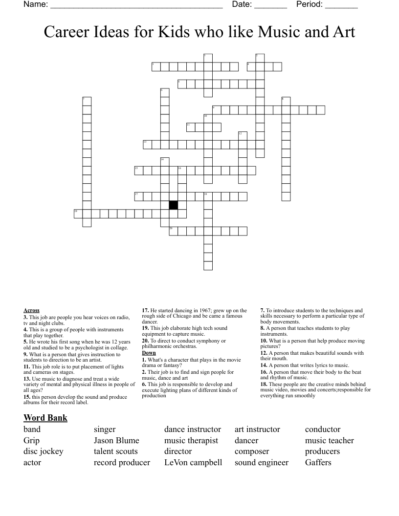 Career Ideas for Kids who like Music and Art  Crossword