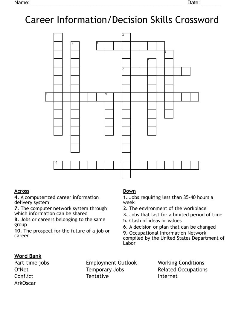 Career Information/Decision Skills Crossword