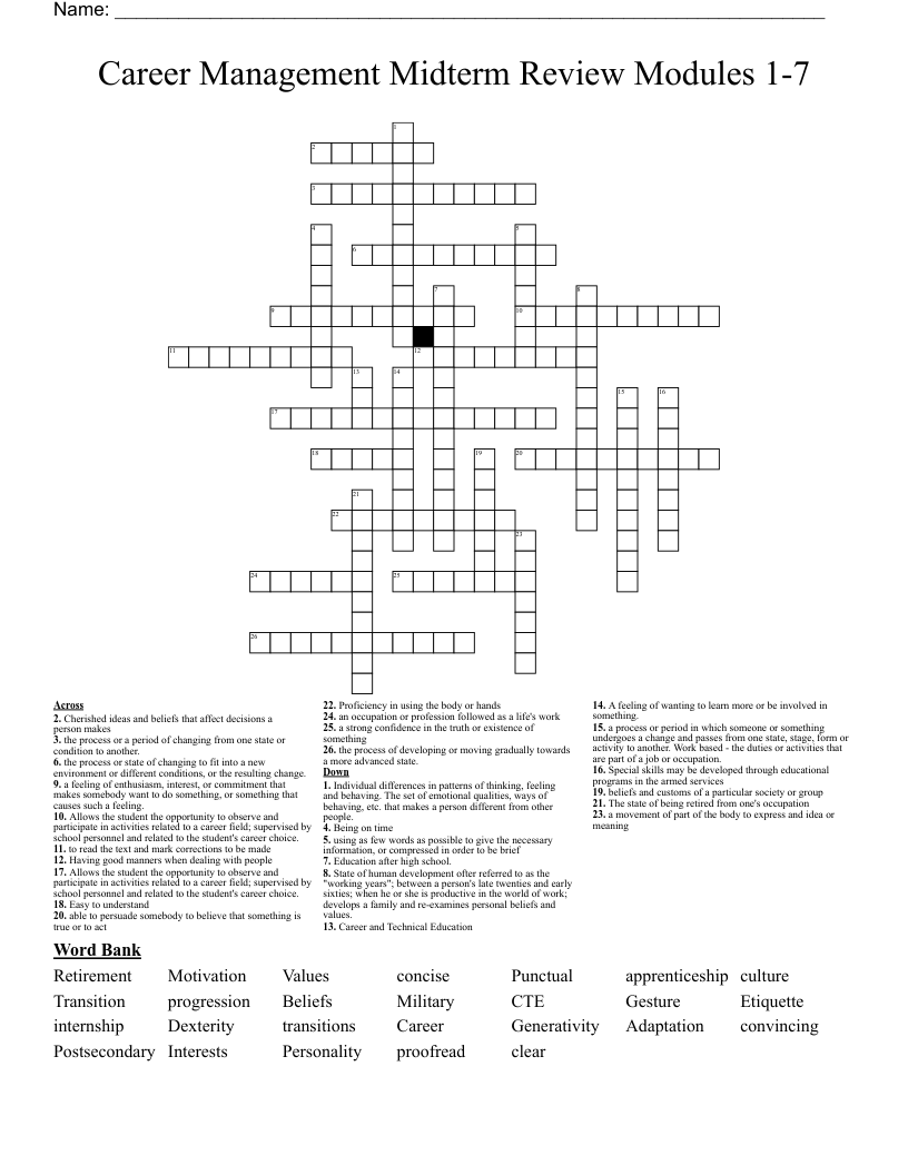 Career Management Midterm Review  Modules 1-7 Crossword