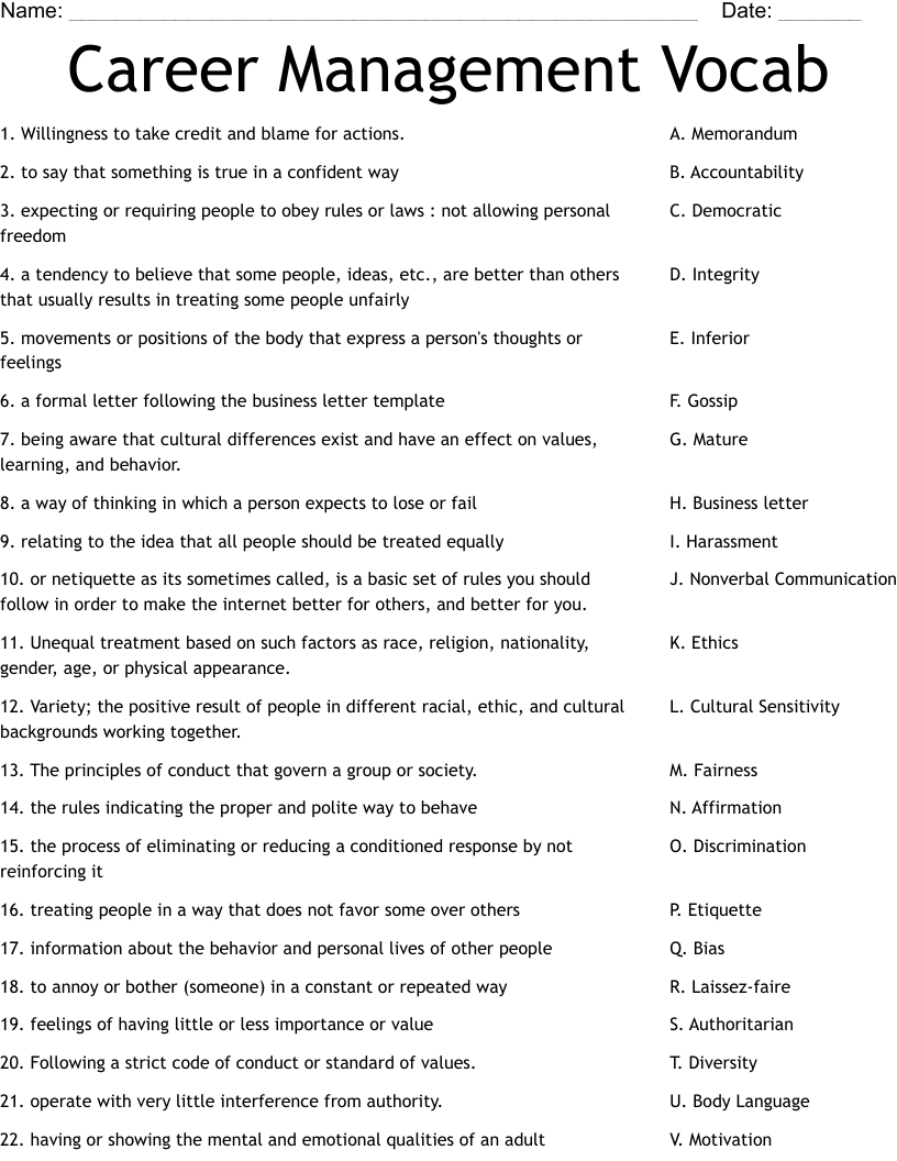 Career Management Vocab Worksheet