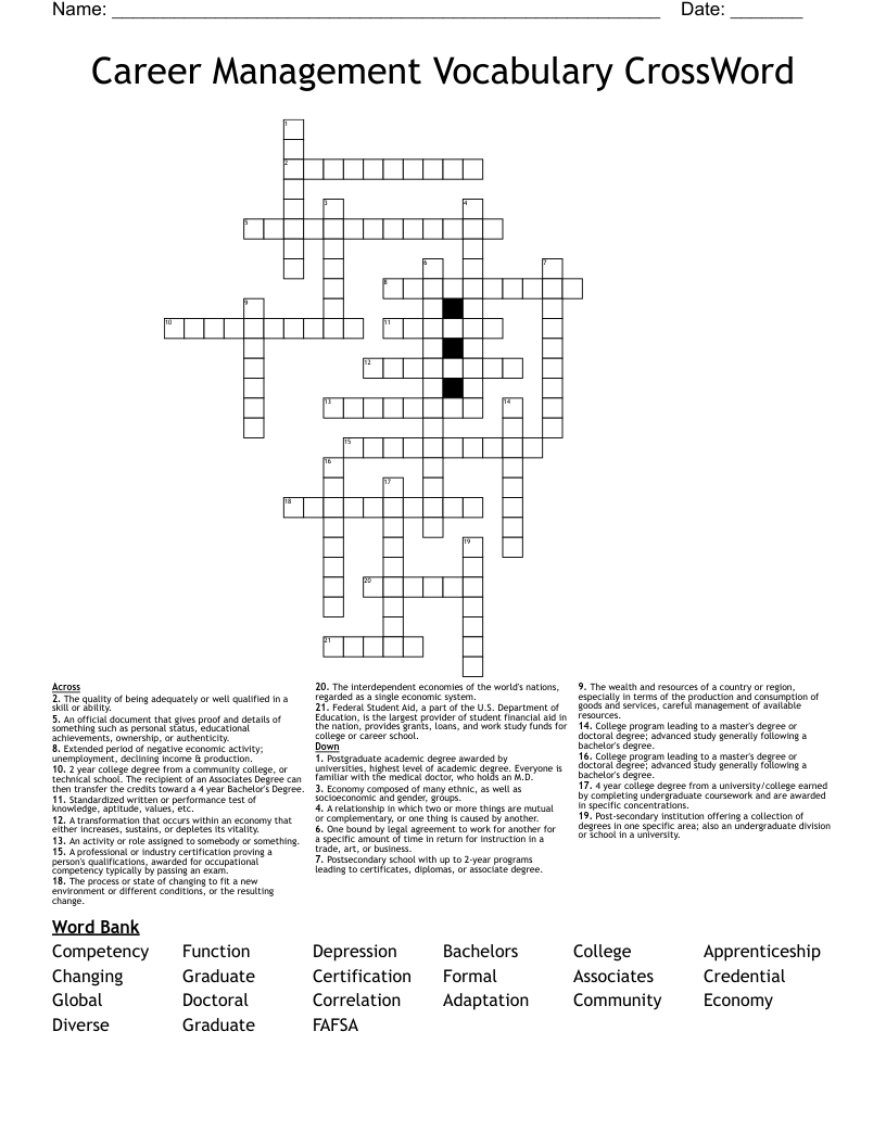 Career Management Vocabulary CrossWord