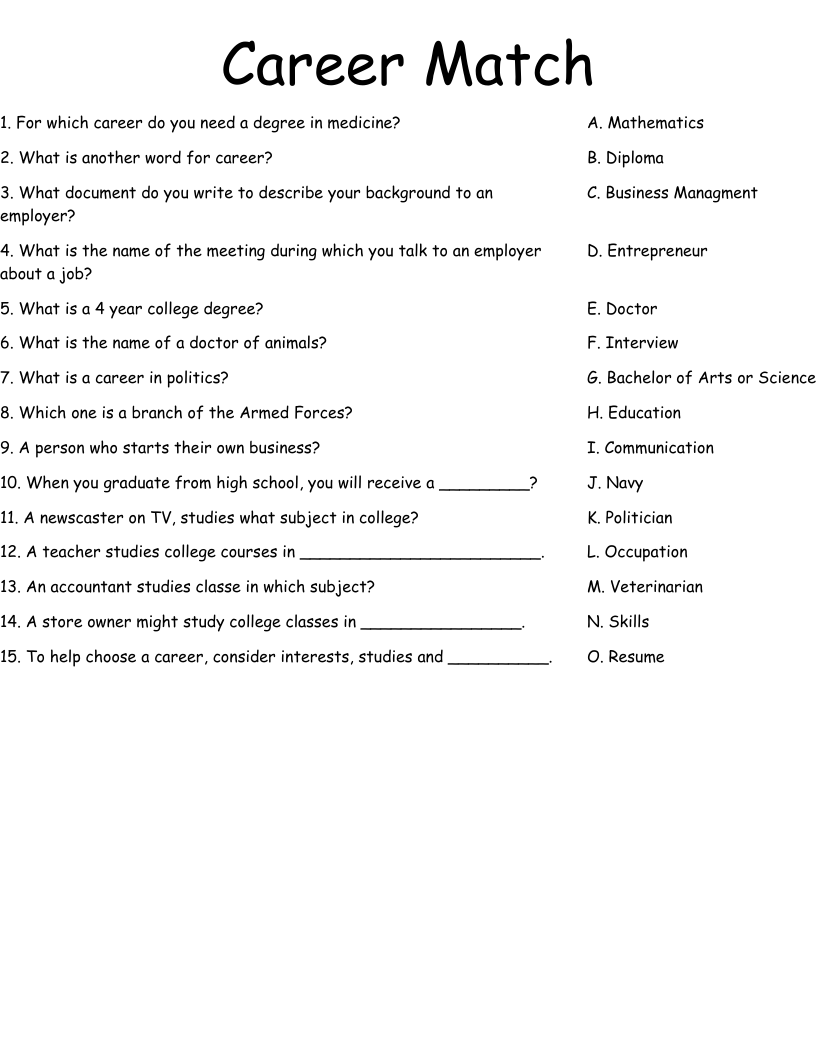 Career Match Worksheet