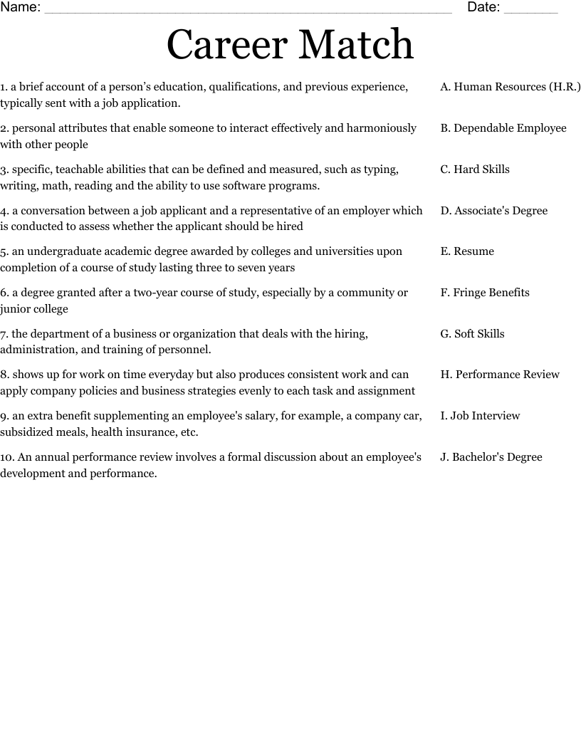 Career Match Worksheet