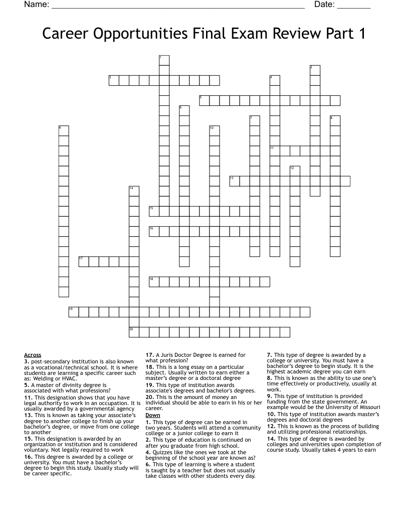 Career Opportunities Final Exam Review Part 1 Crossword