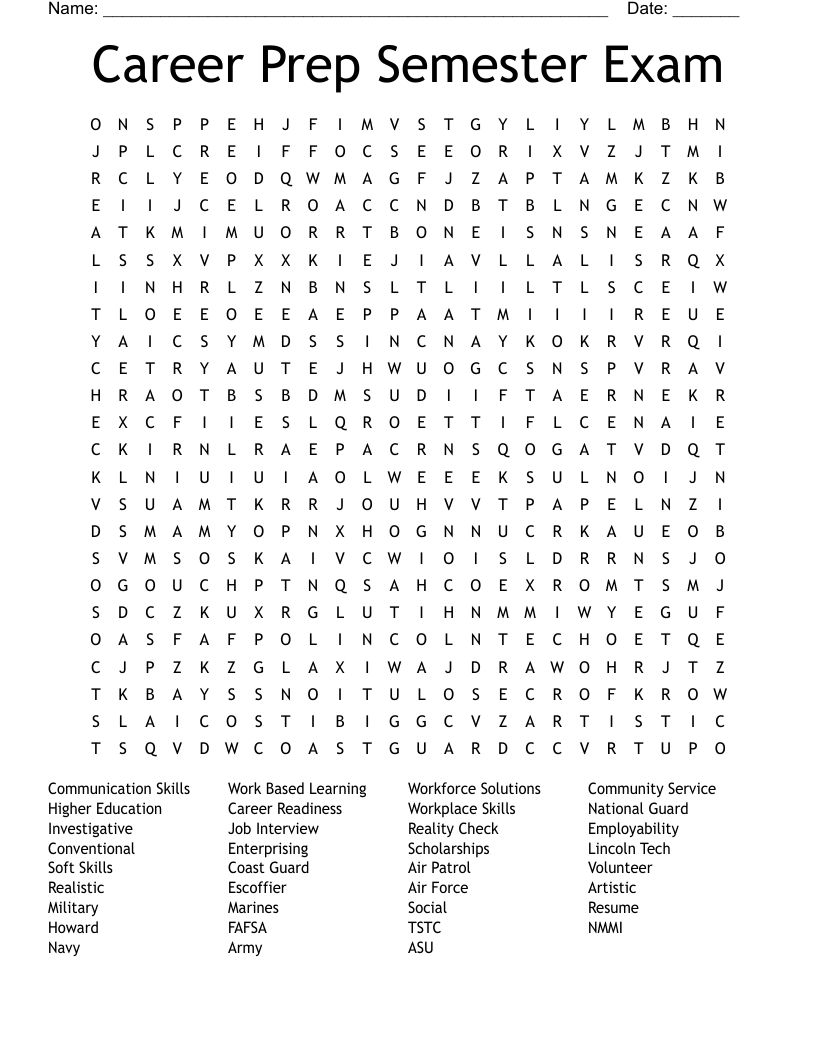 Career Prep  Semester Exam Word Search