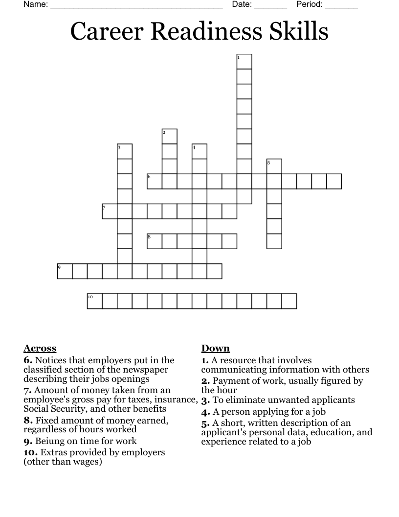 Career Readiness Skills Crossword