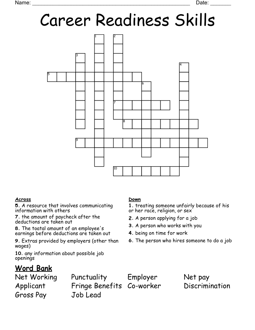 Career Readiness Skills Crossword