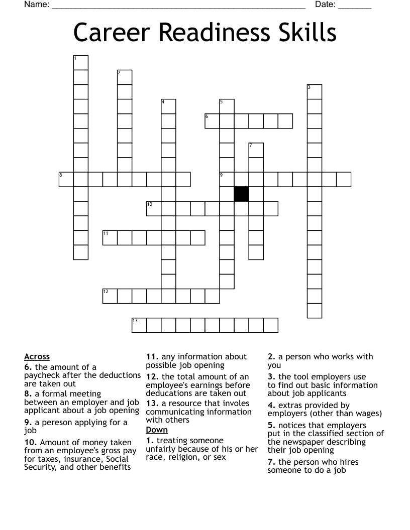Career Readiness Skills Crossword