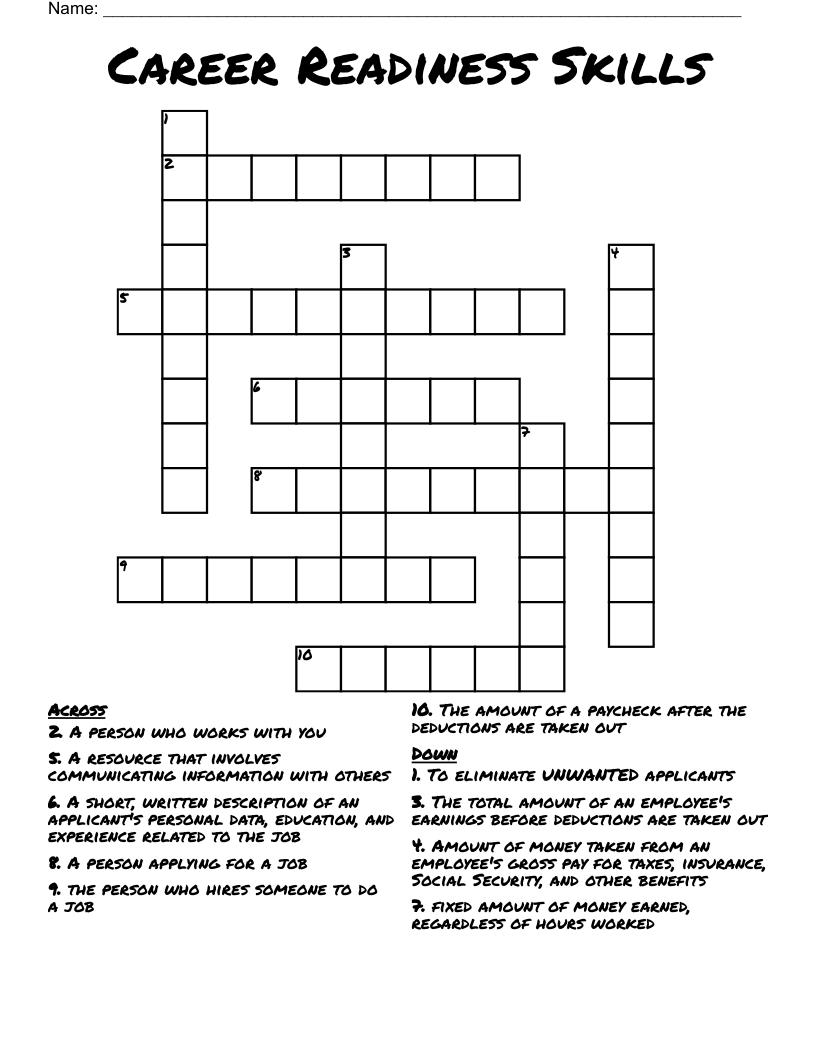 Career Readiness Skills Crossword