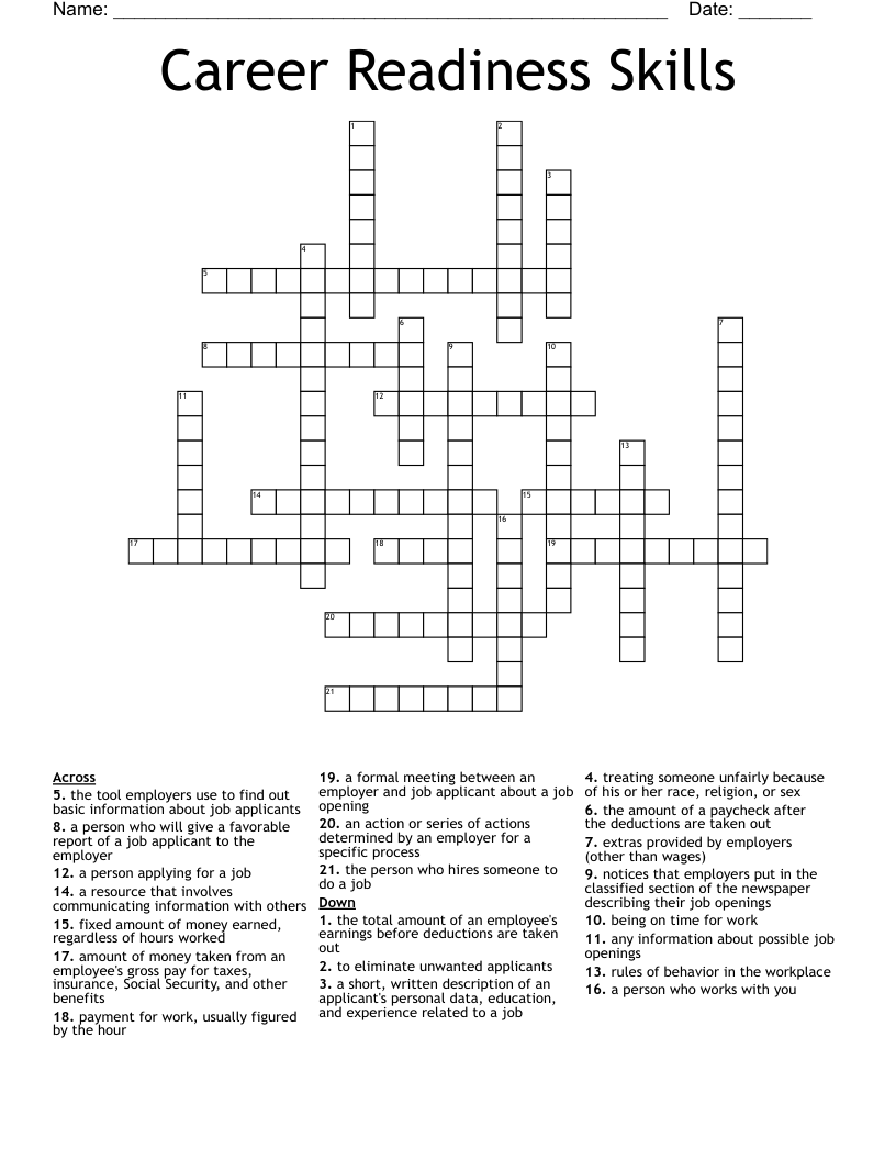 Career Readiness Skills Crossword