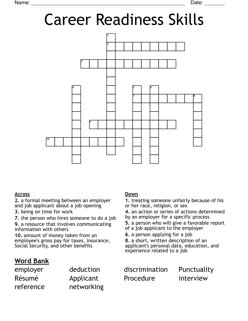Career Readiness Skills Crossword