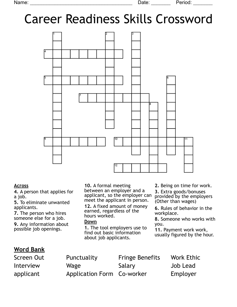 Career Readiness Skills Crossword