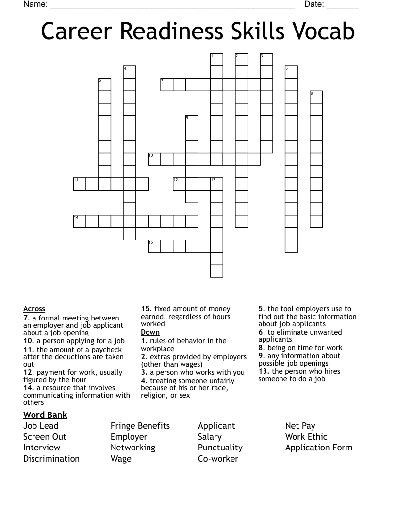 Career Readiness Skills Vocab Crossword