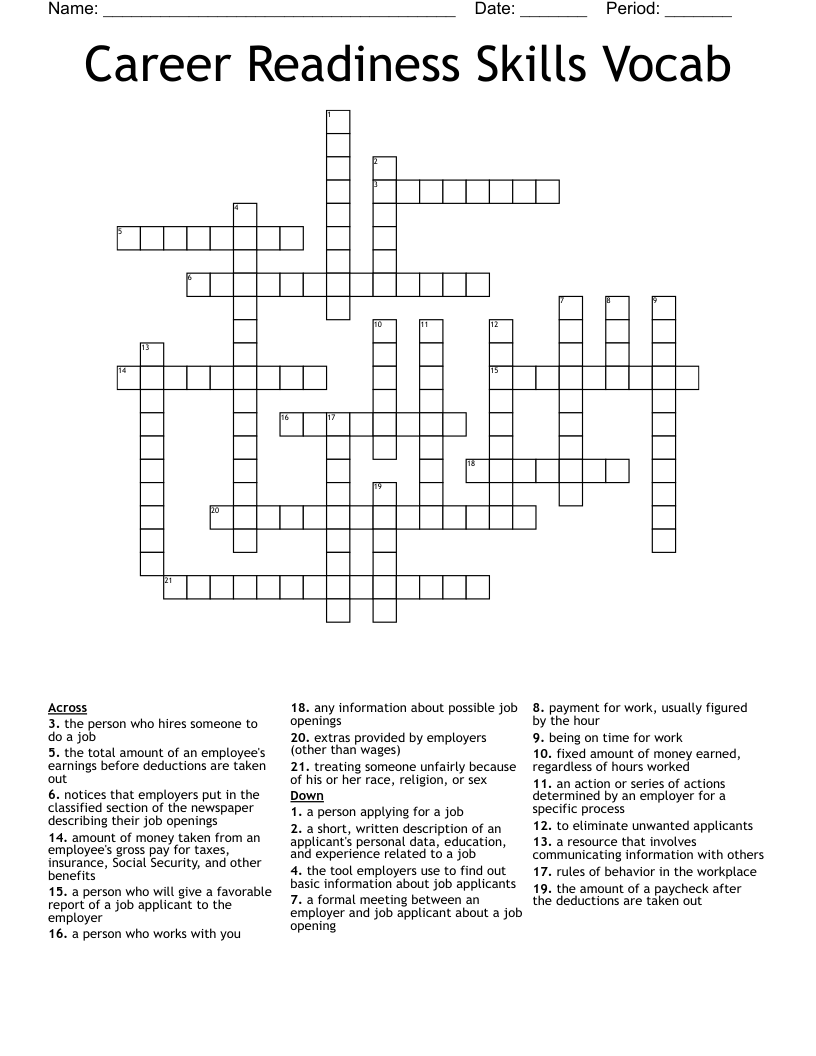 Career Readiness Skills Vocab Crossword